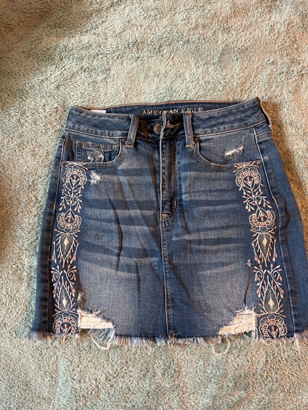 American Eagle Outfitters Blue Embroidered Distressed Denim Mini Skirt